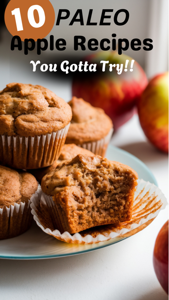 A plate of freshly baked apple cinnamon muffins. One of the muffins is prominently displayed with a bite taken out, revealing its moist and spiced interior with the tone of cinnamon coloring.