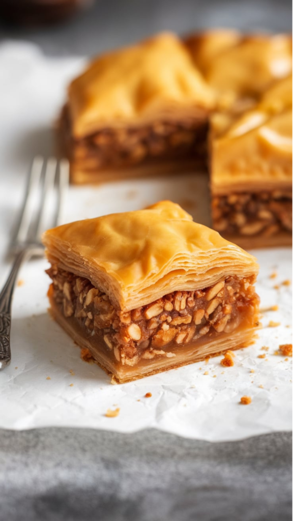 a piece of baklava sitting on top of a napkin