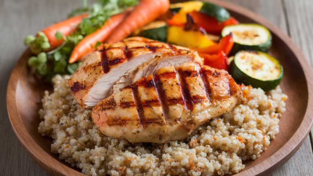 A delectable meal presented on a wooden plate. At the center, there's a grilled chicken breast with distinct grill marks, resting on a bed of quinoa. Surrounding the chicken are vibrant and fresh vegetables: sliced carrots, zucchini slices, and bell peppers in various colors. The backdrop is a rustic wooden surface, and the overall presentation exudes a sense of freshness and wholesome nutrition.