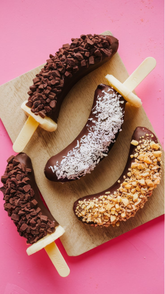 Think of these as popsicles gone bananas—literally. Frozen bananas dipped in dark chocolate and coated with nuts, coconut, or sprinkles, creating a whimsical and refreshing dessert on a stick.