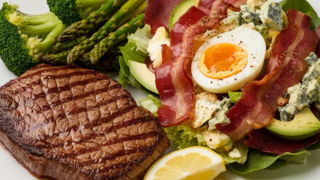 A sumptuous meal presented on a white plate. On the left, there's a perfectly grilled steak with a seared exterior and a juicy interior, resting beside a wedge of lemon. To the right, a colorful salad is the focal point, comprising lettuce, slices of boiled egg, crumbled blue cheese, and bacon strips. 