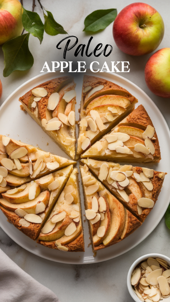 A delectable apple cake sliced into triangular portions and placed on a white plate. The cake is garnished with thinly sliced almonds.