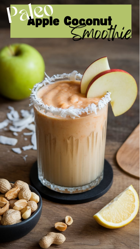 A glass filled with a creamy orange smoothie, garnished with a slice of apple and a sprinkle of shredded coconut on the rim.