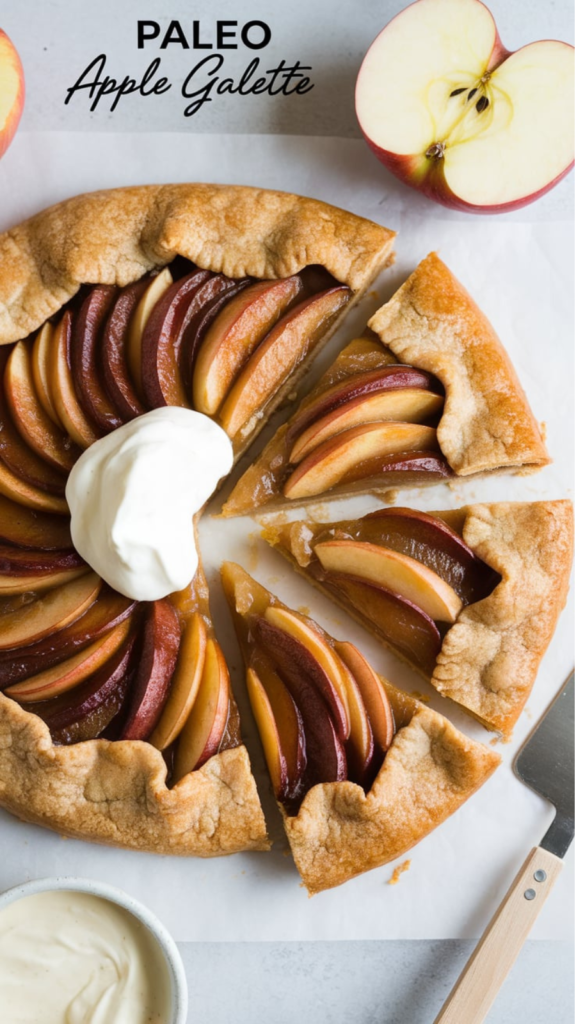 A beautifully baked apple tart or galette, sliced into pieces and placed on a white surface. The tart has a golden-brown crust and is generously topped with caramelized apple slices. 