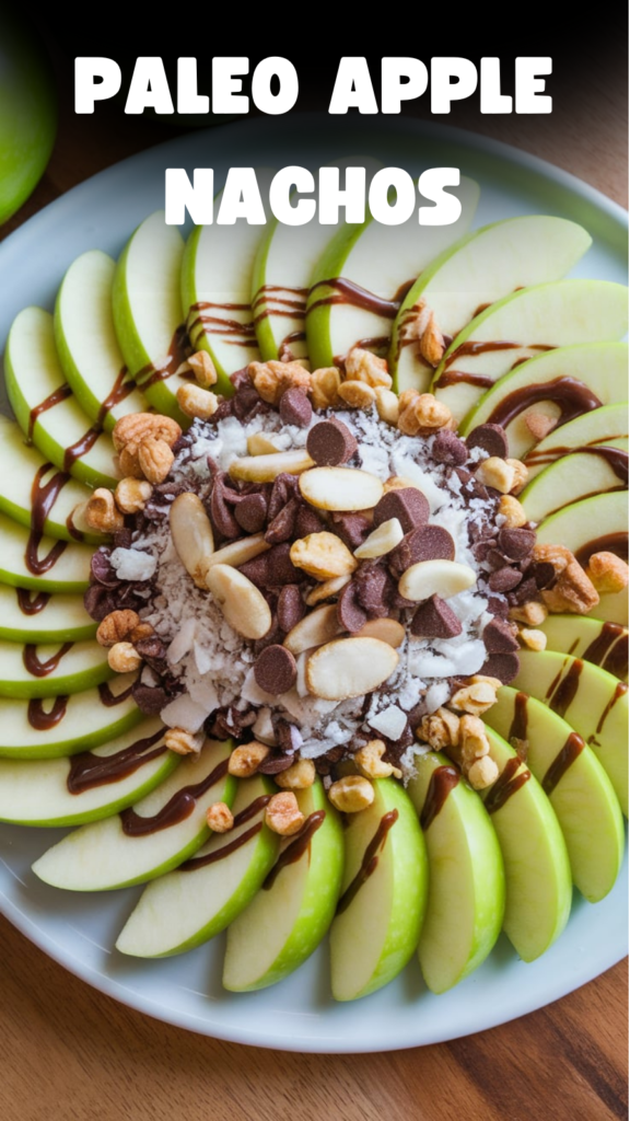 A plate of 'Paleo Apple Nachos'. The plate is adorned with sliced green apples arranged in a radial pattern. 