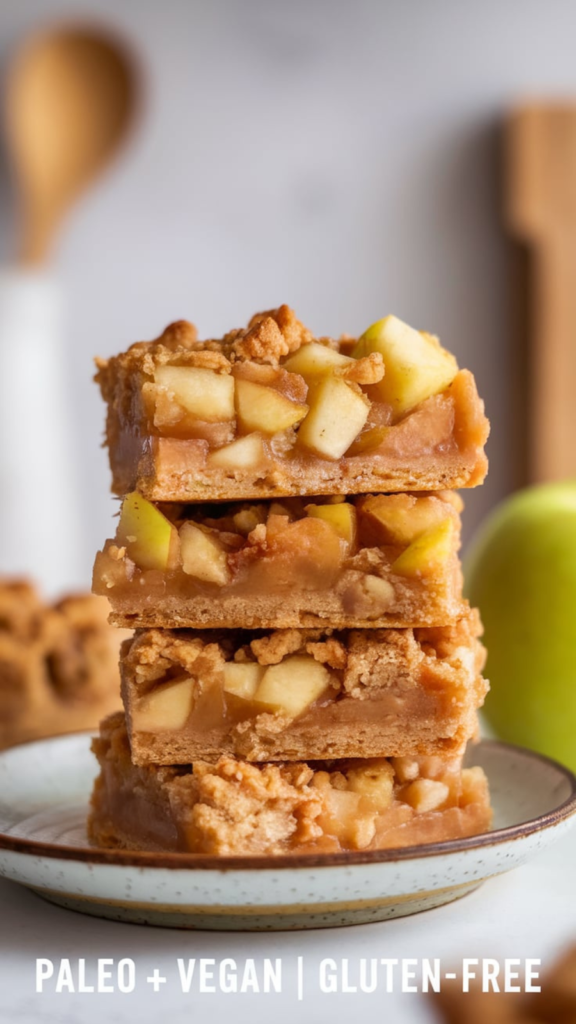 A stack of three dessert bars, possibly apple-flavored, given the presence of diced apples. The bars are golden brown, with a crumbly texture on top and a creamy filling in the middle. 