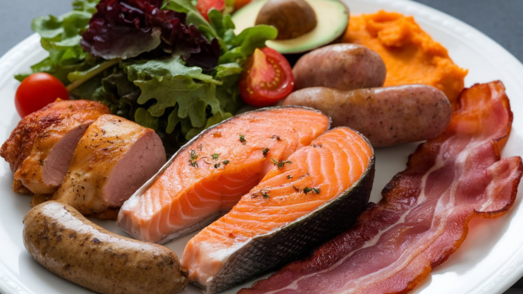 A plate of various food items. On the left, there's a slice of grilled chicken, a sausage, and a piece of bacon. In the center, a large, fresh salmon steak is prominently displayed with its vibrant orange flesh and visible fat marbling. Adjacent to the salmon, there's a slice of avocado with a seed still intact. To the right, there are small sausages, a portion of mashed sweet potato, and a slice of tomato. The plate is placed on a dark surface, and the food items are arranged in a balanced manner, making it a visually appealing dish.