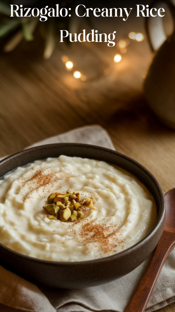 Mediterranean rice pudding in a bowl on a wooden table