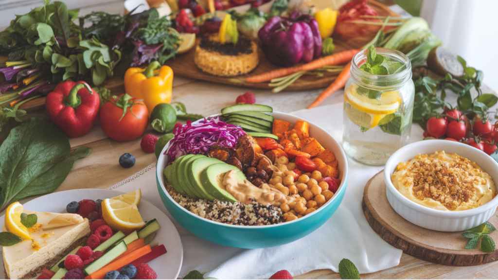 A vibrant and inviting vegan food scene featuring a colorful rainbow Buddha bowl with quinoa, avocado slices, roasted sweet potatoes, chickpeas, red cabbage slaw, cucumber ribbons, and a creamy tahini drizzle. Surrounding the bowl is a rustic wooden table adorned with fresh produce like leafy greens, heirloom tomatoes, vibrant bell peppers, carrots, and berries. Add a mason jar of infused water with lemon slices and mint for a refreshing touch. Include a small platter of vegan dishes like hummus with veggie sticks, a slice of dairy-free cheesecake, and a cozy bowl of vegan mac and cheese topped with breadcrumbs. The atmosphere is bright and fresh, evoking a sense of health, abundance, and eco-friendly living. Use natural lighting to highlight the vivid colors and textures of the food.